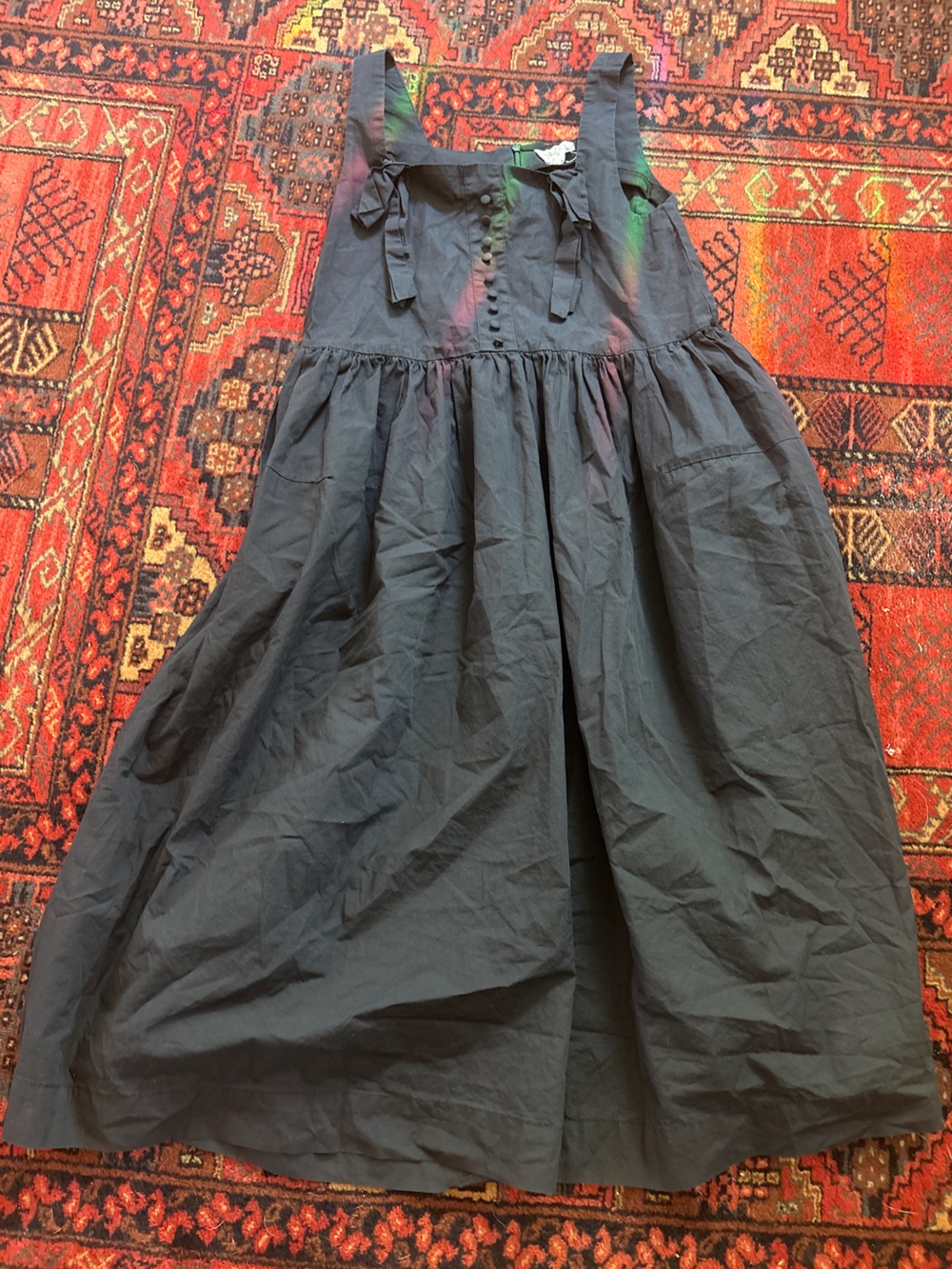 Women's Black A-Line Pinafore Style Dress with Tie-Bow Detail
